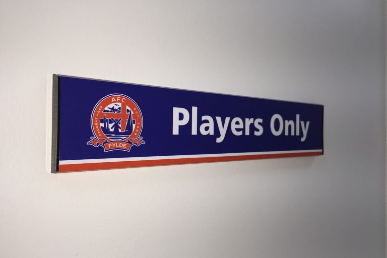AFC Fylde - modular wayfinding slatz plaques with full colour digital print applied to face.