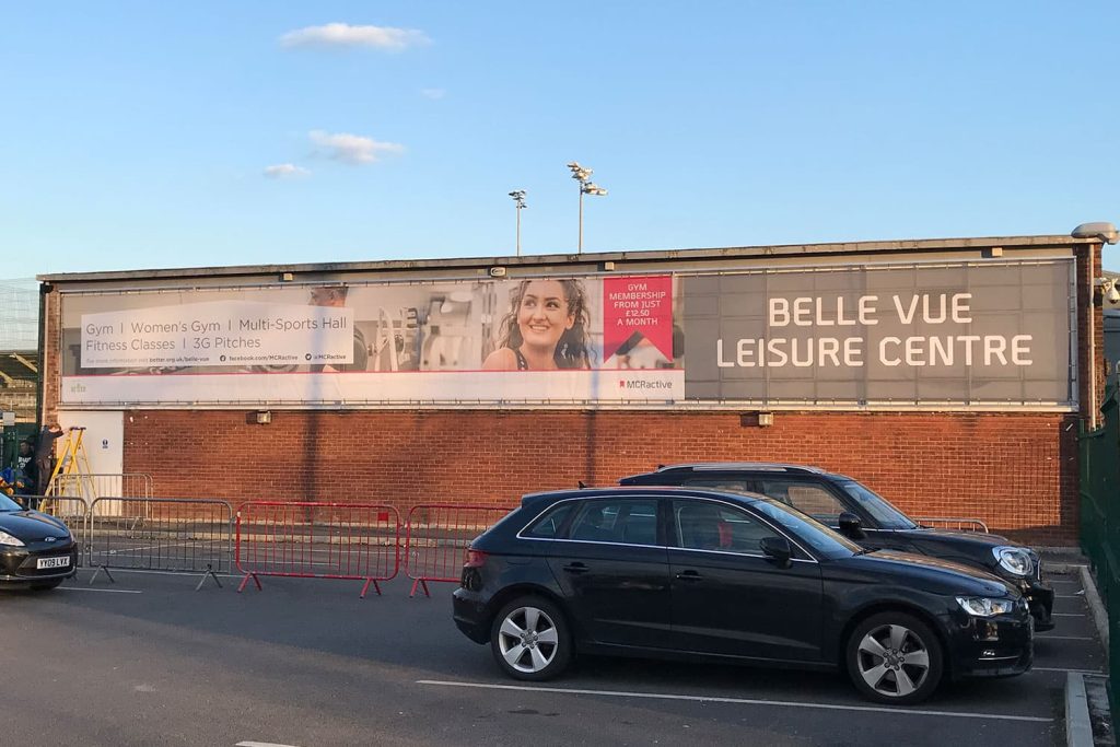 Belle Vue Leisure Centre - 20 metre mesh banner with custom aluminium frame