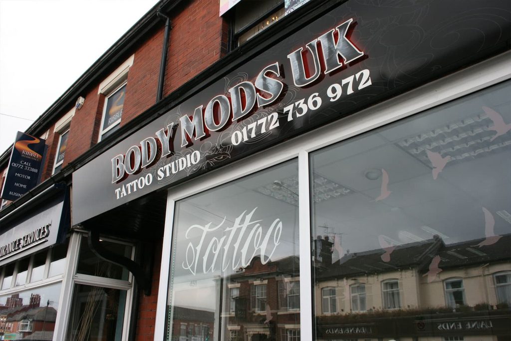 Body Mods Tattoo - sign stand off letters on flat panel and window graphics
