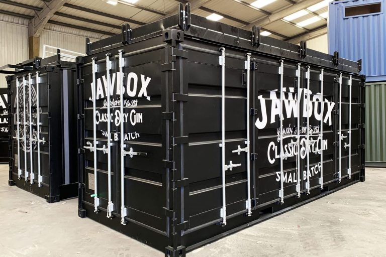 Jawbox Classic dry gin branded shipping containers