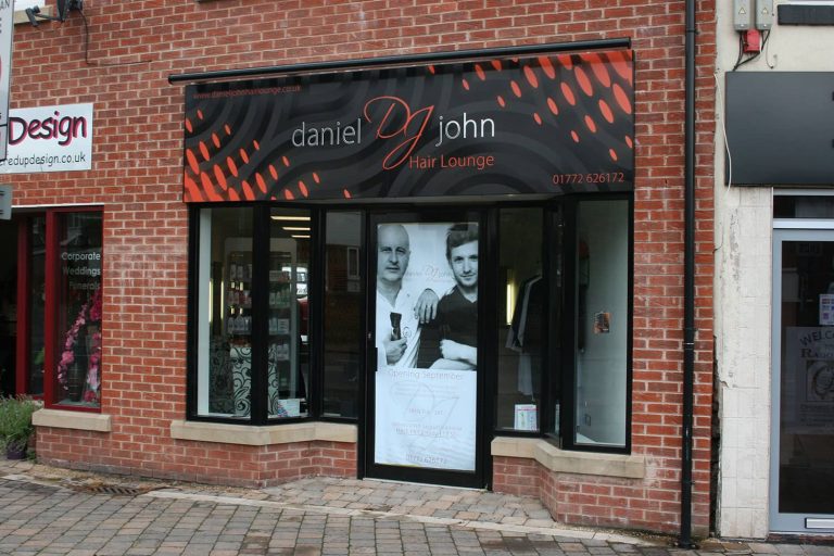 Daniel and John Hair Salon - digitally printed flat panel with matt gloss contrast effect trough lighting