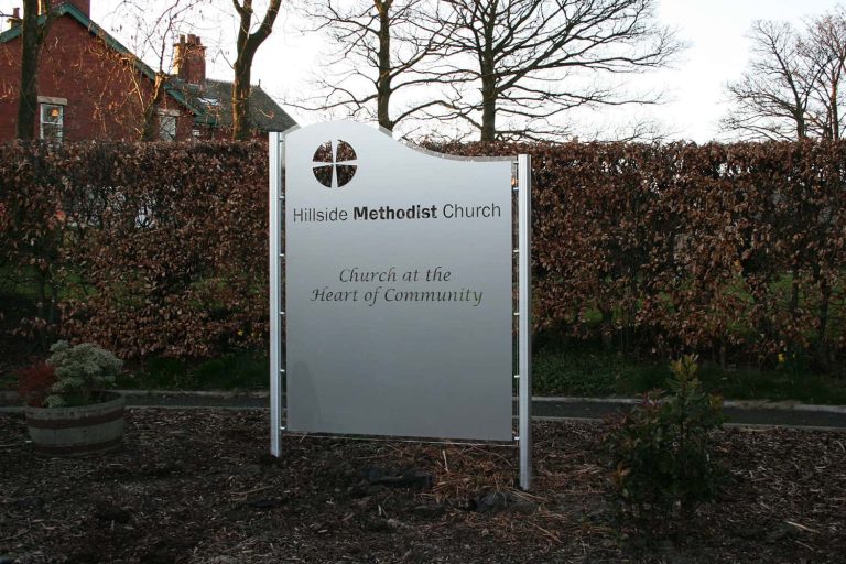 Hillside Methodist - acrylic panel with frosted graphics.