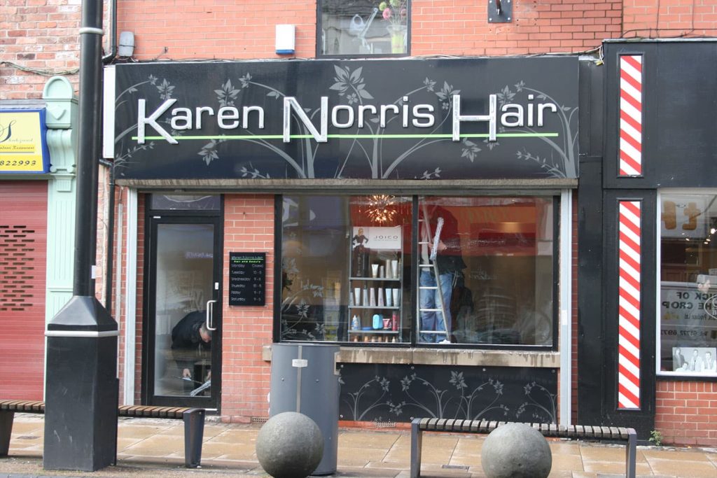 Karen Norris Hair Salon - built up letters sign tray led halo illumination