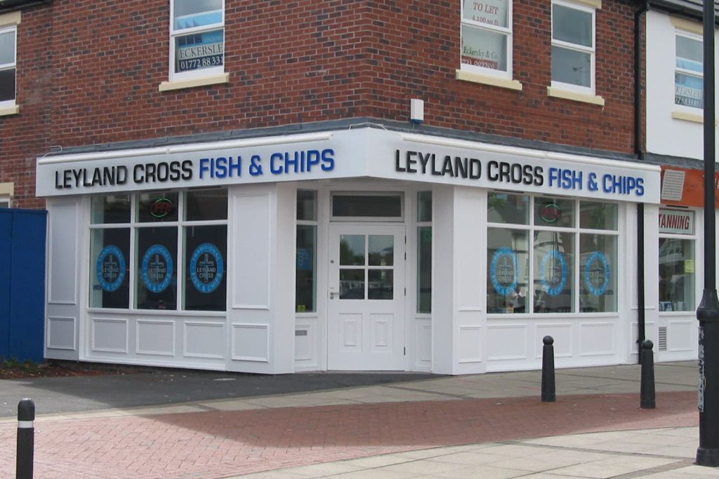 Leyland Cross Fish & Chips - flat cut acrylic letters trough lights sign tray.