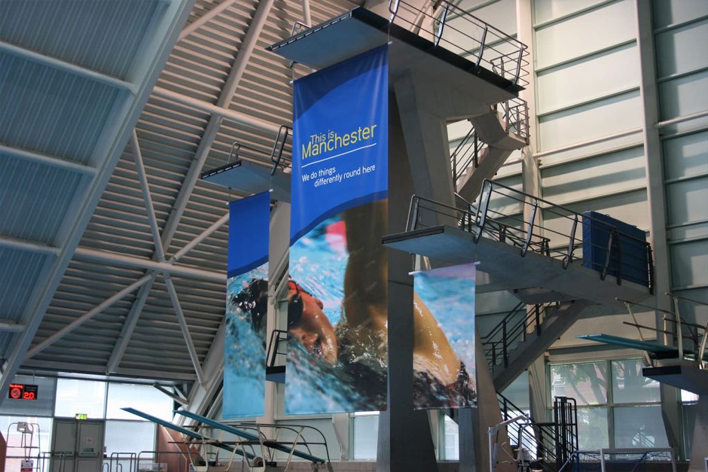 Manchester Aquatic Centre Training Camp - digitally printed PVC banners with custom support system