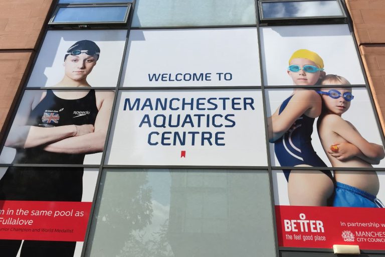 Manchester Aquatic Centre - window vinyl digitally printed and contour cut