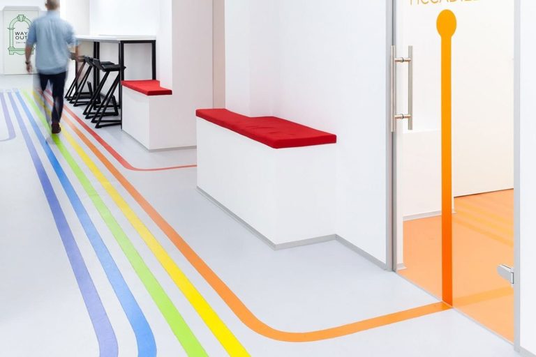 Multi coloured - wayfinder floor graphics.