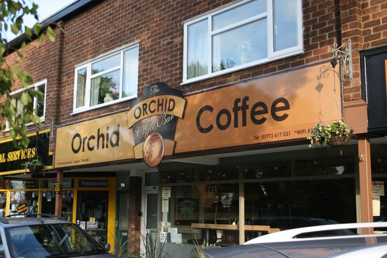 Orchid Coffee Shop - sign full colour digital print flat panel with shaped stand off panel.