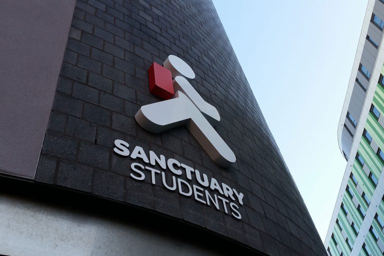 Sanctuary Students - 3D built up stainless steel letters logo powder coated white red