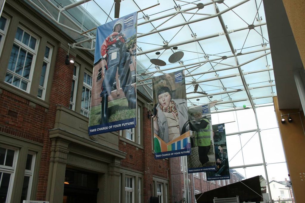 Southport College reception hall - double sided hanging PVC banners