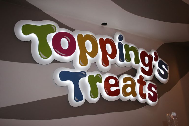 Toppings Treats - flat cut sign letters on stand offs with led halo illumination.