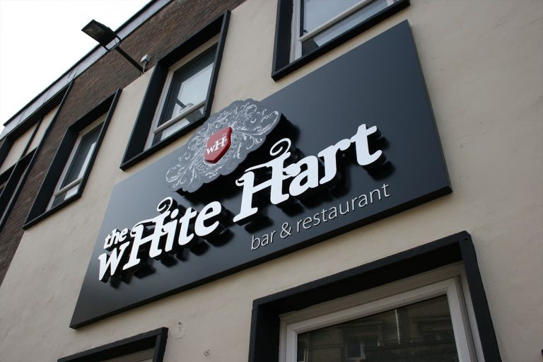 White hart 3D built up poly stainless steel sign letters with white led halo illumination
