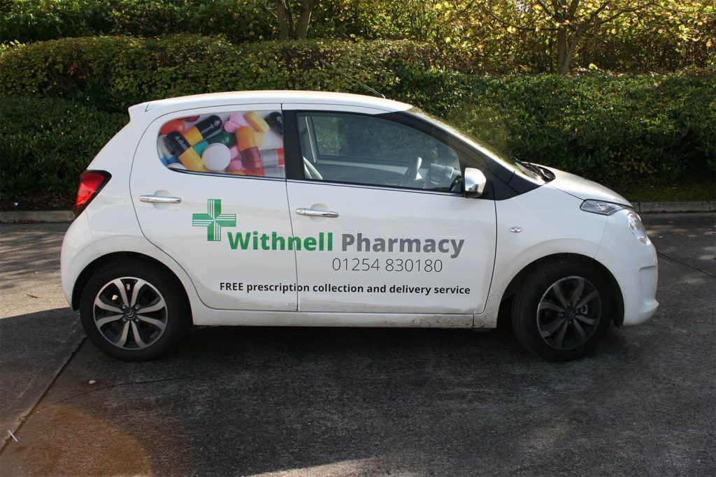 Withnell Pharmacy - print and cut vinyl vehicle graphics with contra vision on rear quarter windows